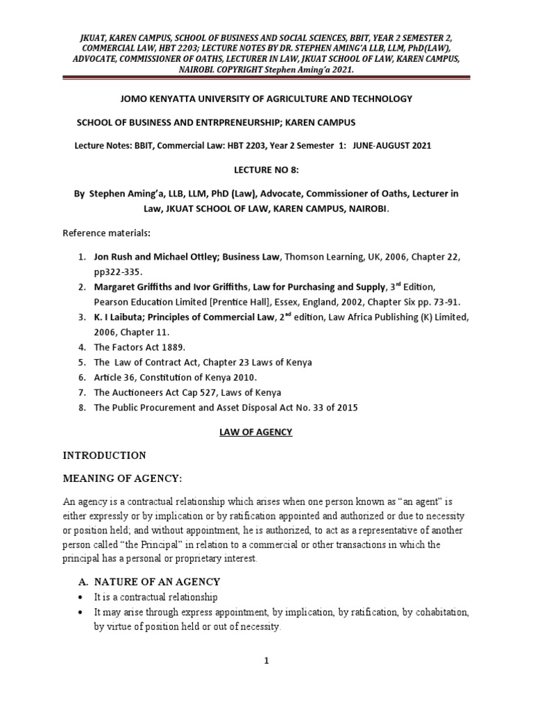 BBIT Commercial Law Lecture Notes | PDF | Law Of Agency | Employment