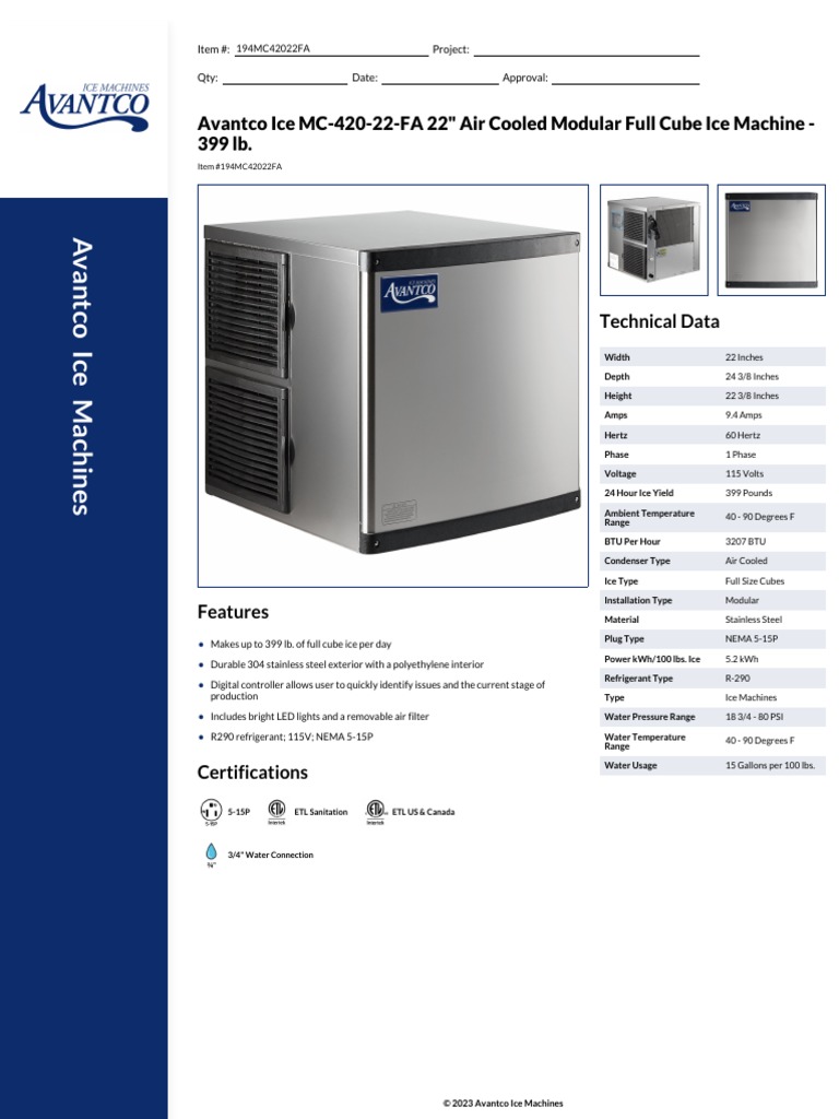 Avantco Ice Machines 194mc42022fa Specsheet PDF Ice Water
