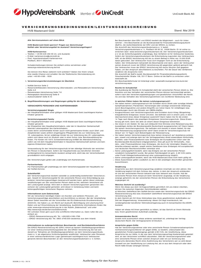 HVB Mastercard Gold Versicherungsbedingungen | PDF