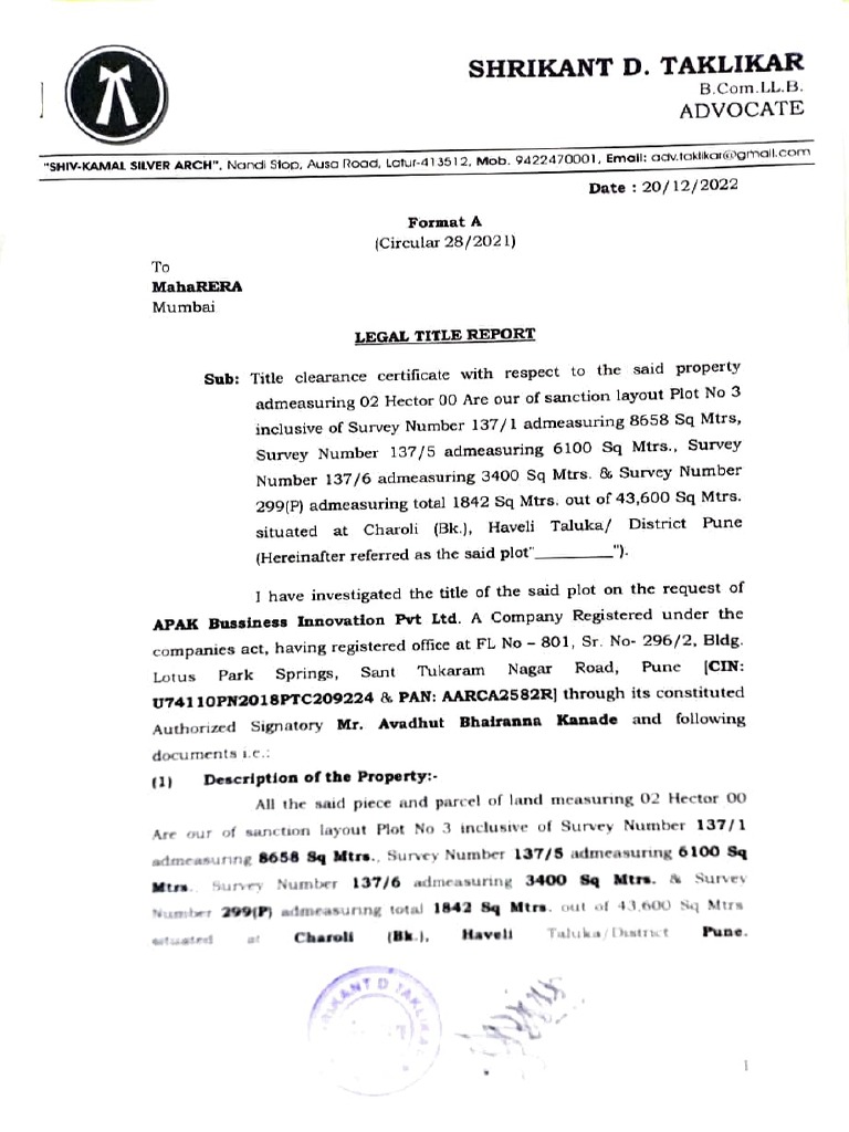 Legal Title Report for Property in Pune | PDF