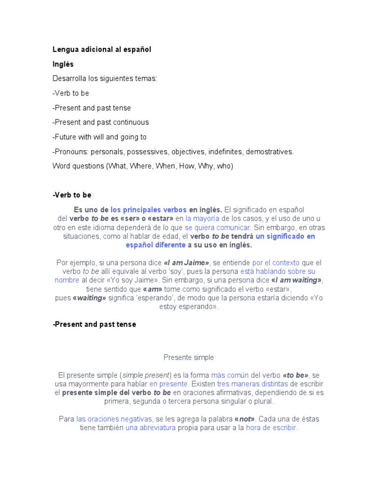 Lengua Adicional Al Español PDF Verbo Adjetivo