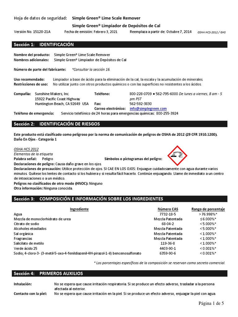 SDS SimpleGreenLimeScaleRemover | PDF | Science & Mathematics