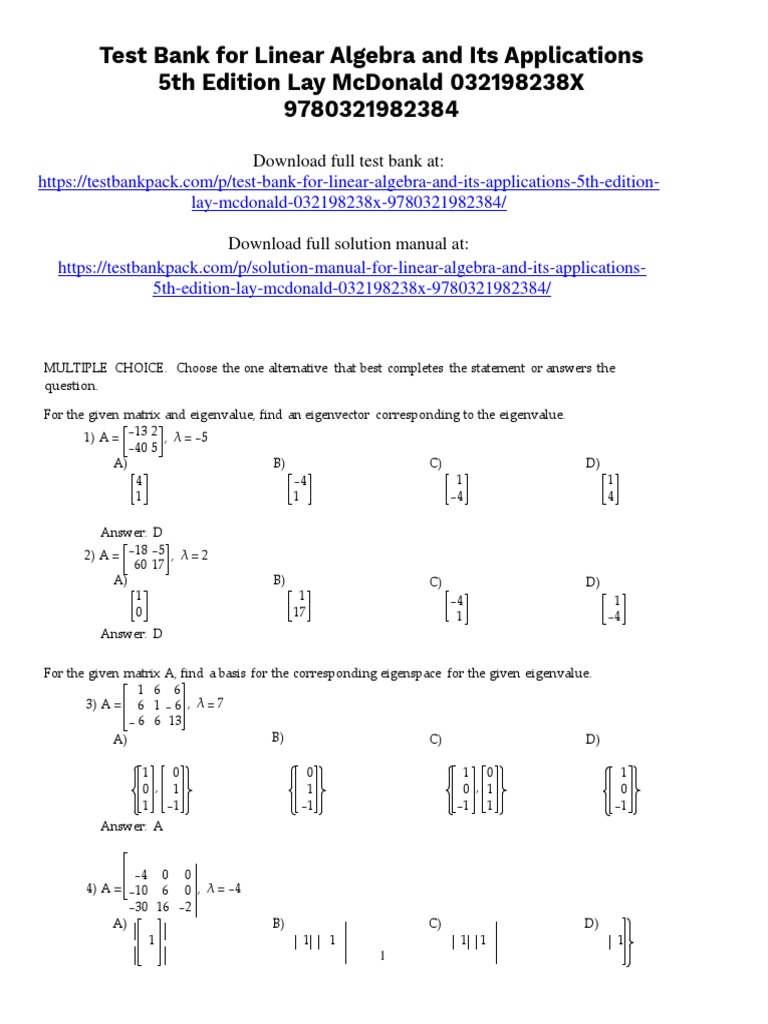 Linear Algebra and Its Applications 5th Edition Lay Test Bank Download ...