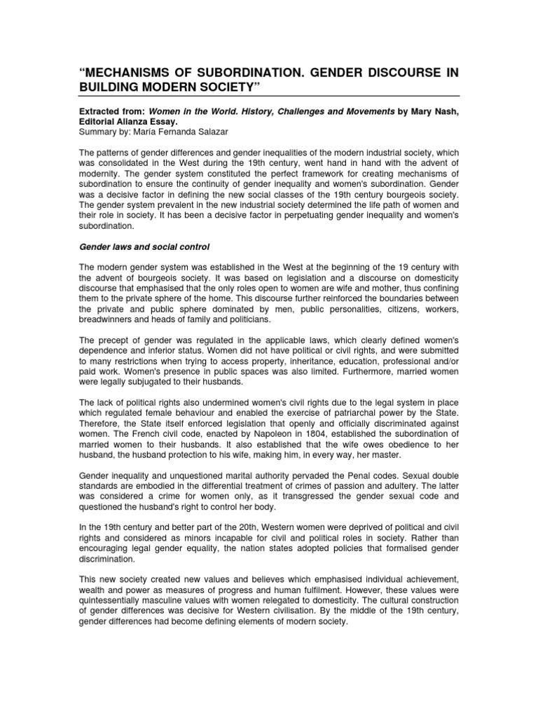 Gender Subordination in Modern Society | PDF | Social Science | History