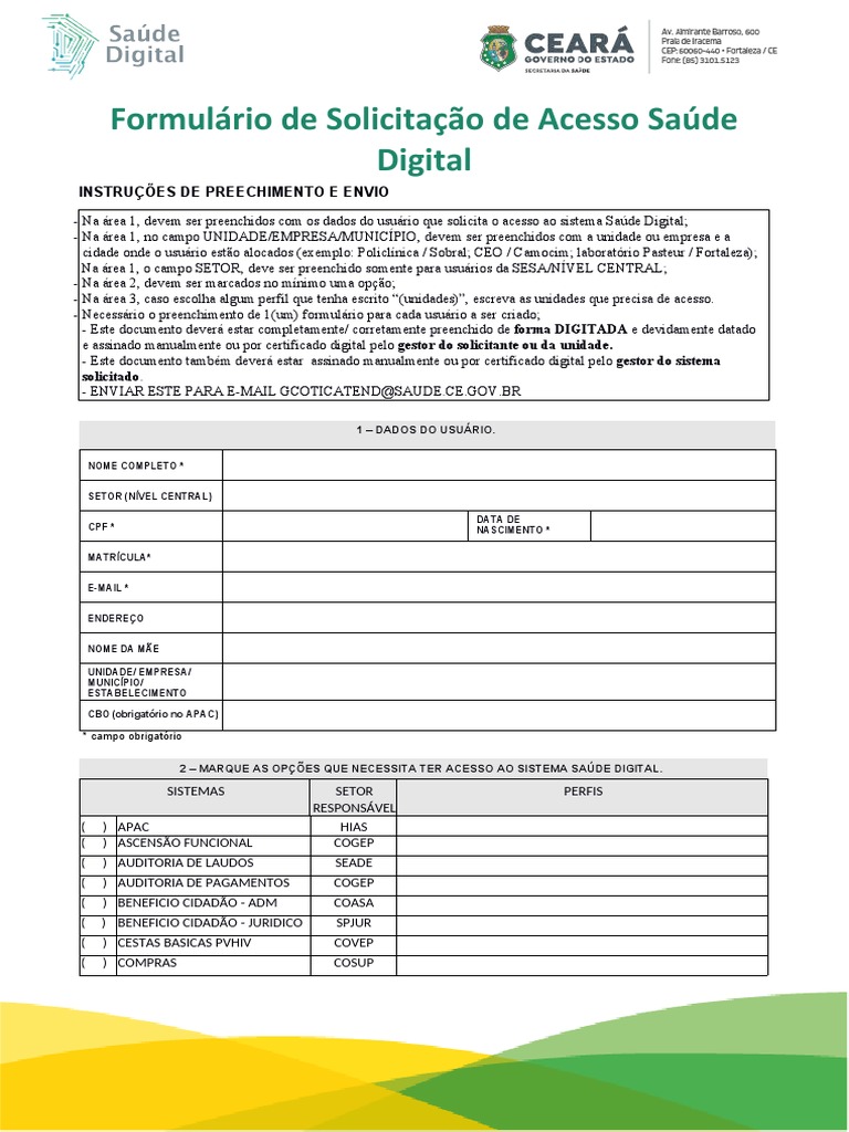 Formul rio De Solicita o De Acesso Sa de Digital PDF