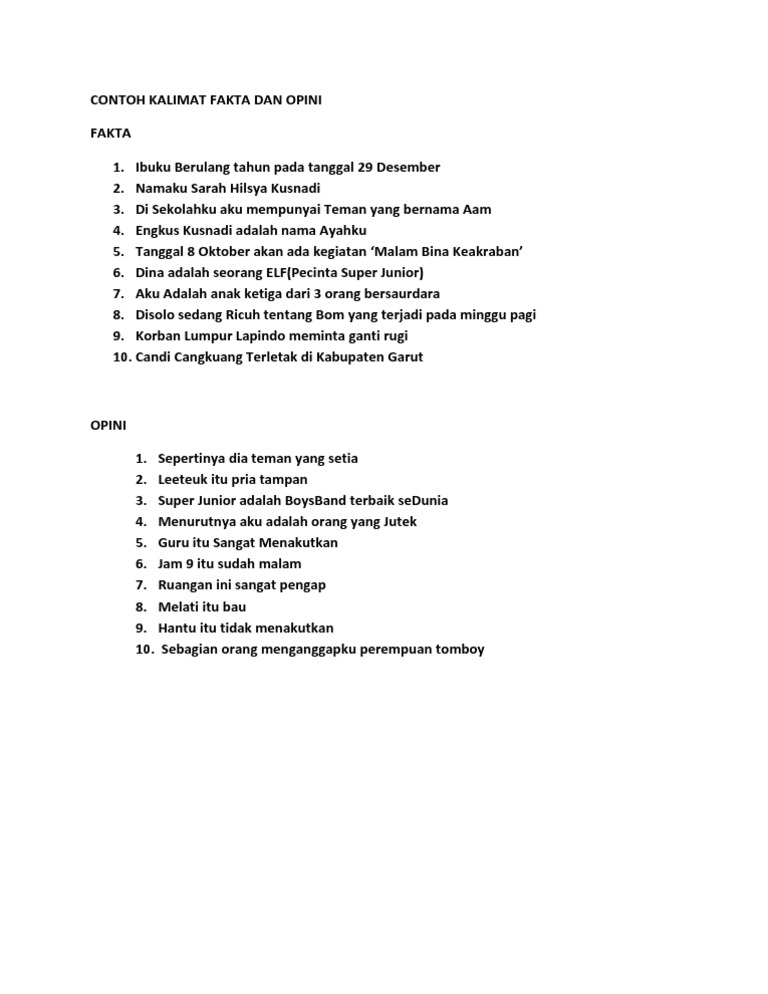 Contoh Kalimat Fakta Dan Opini