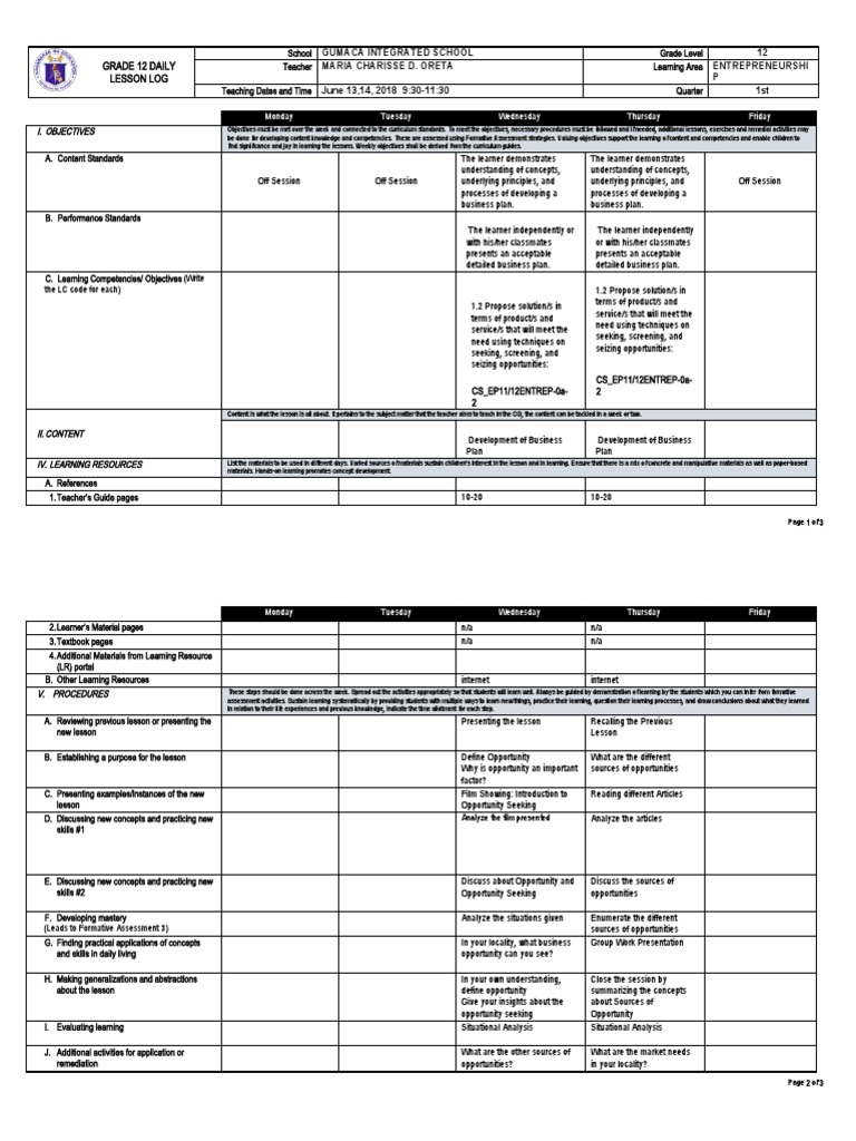 Grade 12 Entrepreneurship Lesson Plan | PDF