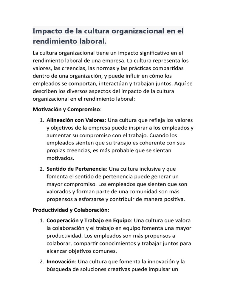 Impacto de La Cultura Organizacional en El Rendimiento Laboral | PDF
