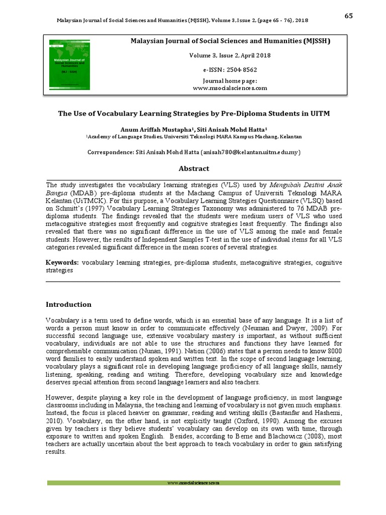 Vocabulary Strategies in UiTM Pre-Diploma Students | PDF