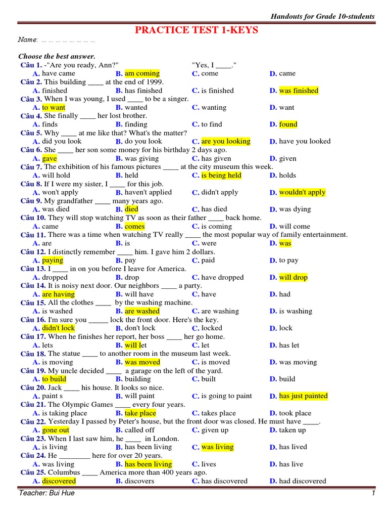 Grade 10 English Practice Test Answers | PDF