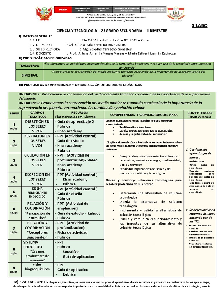 Sílabo Ciencia y Tecnología 3er Bimestre | PDF | Evaluación | Aprendizaje