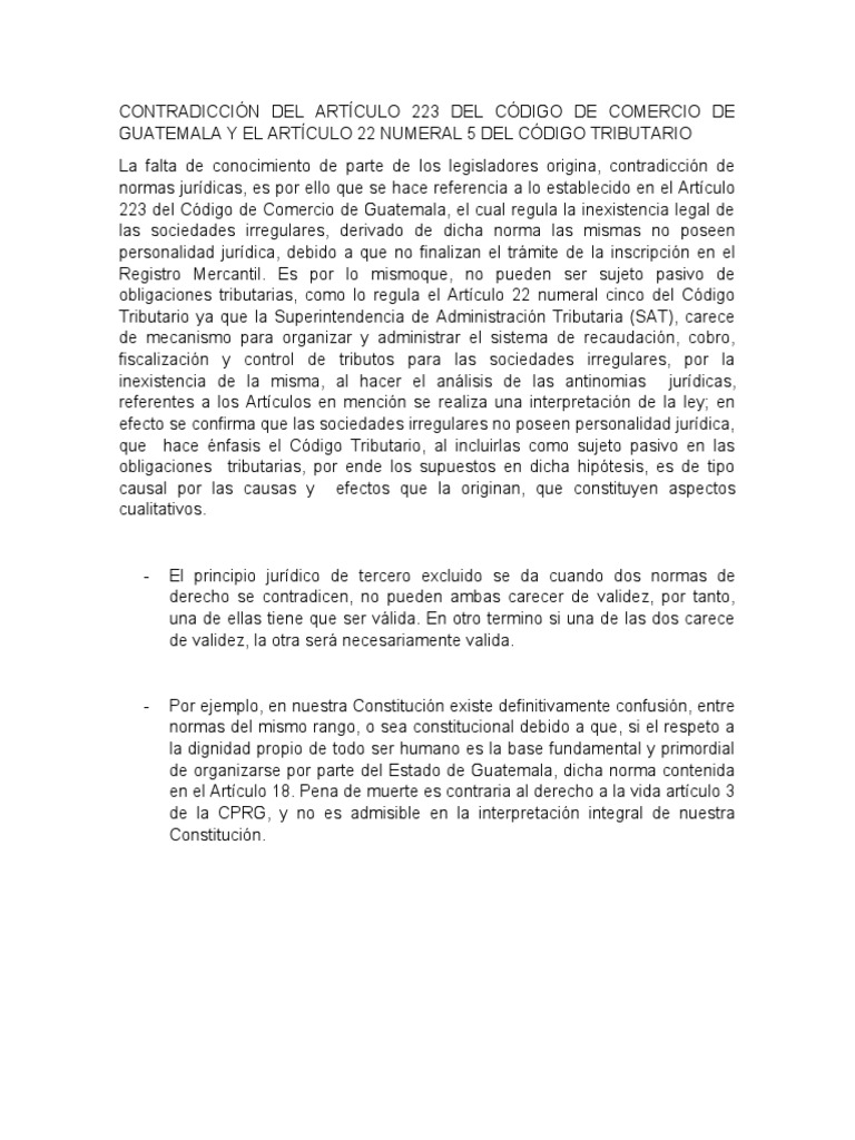 Contradicción Del Artículo 223 Del Código de Comercio de Guatemala y El ...