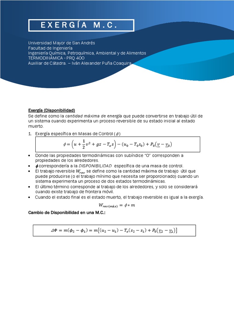Formulario Exergía - Masas de Control | PDF | Ejercicio | Termodinámica