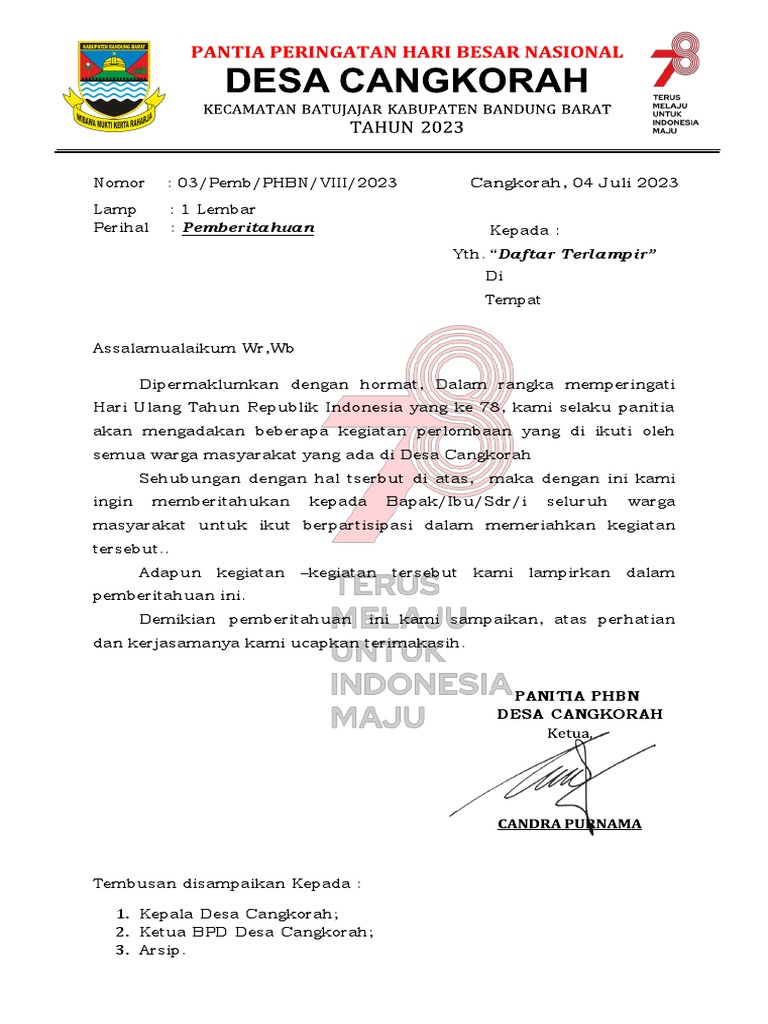 Surat Pemberitahuan Hut Ri 78 New | PDF