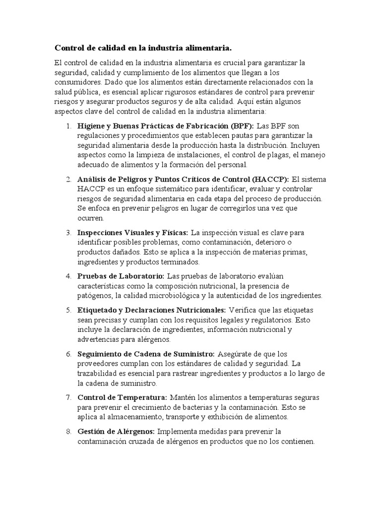 Control de Calidad en La Industria Alimentaria | PDF | Negocios | Bienestar