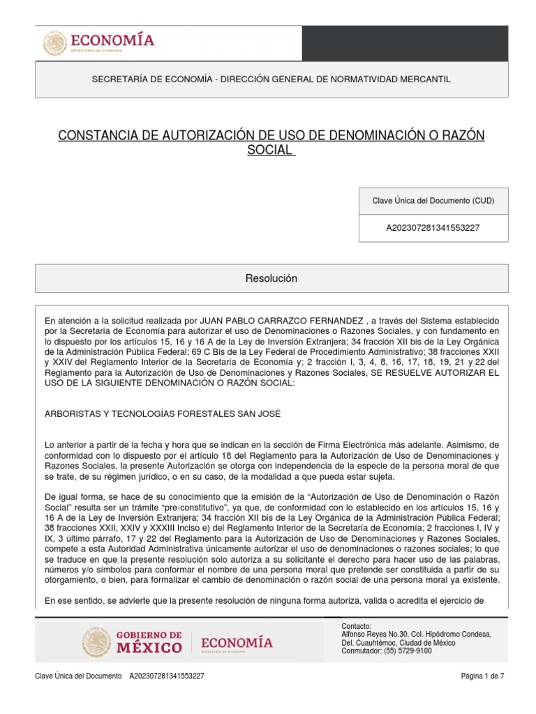 Constancia de Autorización de Uso de Denominación O Razón Social | PDF