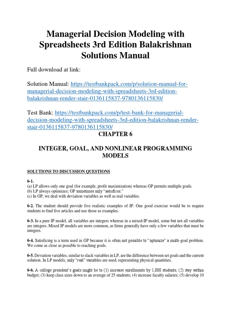 Managerial decision modeling with spreadsheets 3rd edition balakrishnan