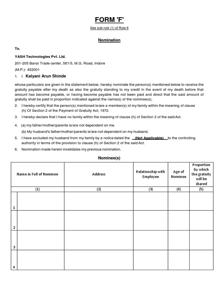 Gratuity Form F Nomination Sample | PDF | Private Law | Justice