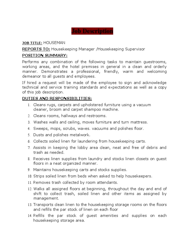 Houseman Job Description Posting Version PDF Housekeeping Home