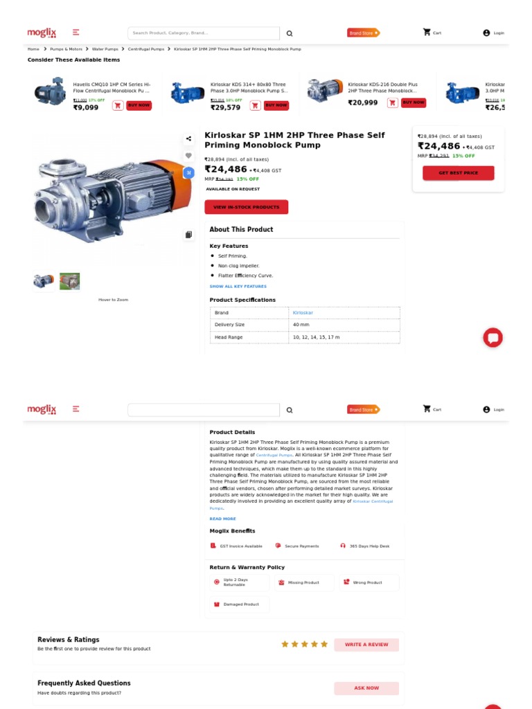 Buy Kirloskar SP 1HM 2HP Three Phase Self Priming Monoblock Pump Online ...