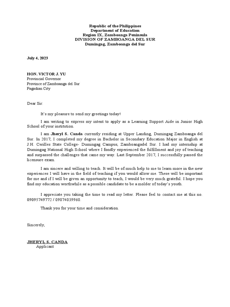 Jheryl Application Letter for PROVINCE | PDF | Vocational Education ...