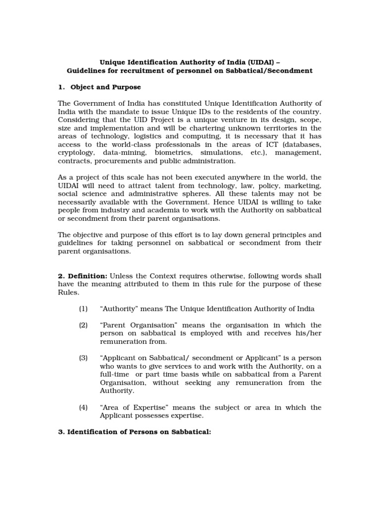 UIDAI Sabbatical/Secondment Guidelines | PDF | Identity Document ...