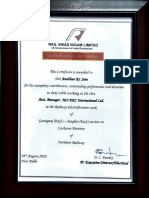 Certificate of Appreciation: Duty Manager, LTD Raiway Electrification of Gauriganj (Excl) - Janghai (Excl) Section On