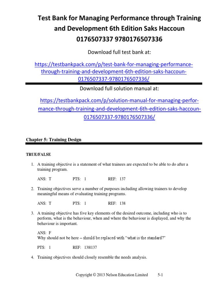 Managing Performance Through Training and Development 6th Edition Saks Test Bank Download PDF