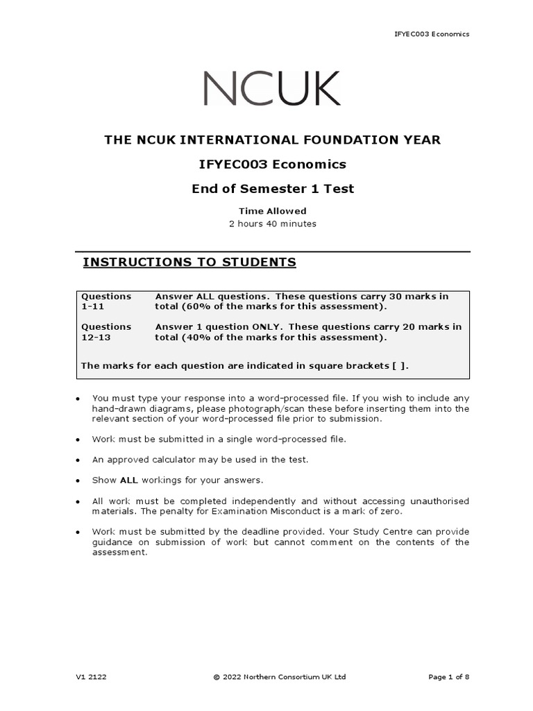 【NCUK A 试卷】Economics Test V1 | PDF