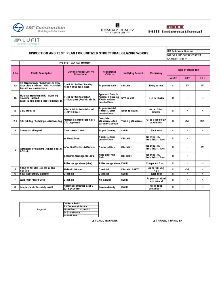 Unitized Structural Glazing ITP Guide | PDF