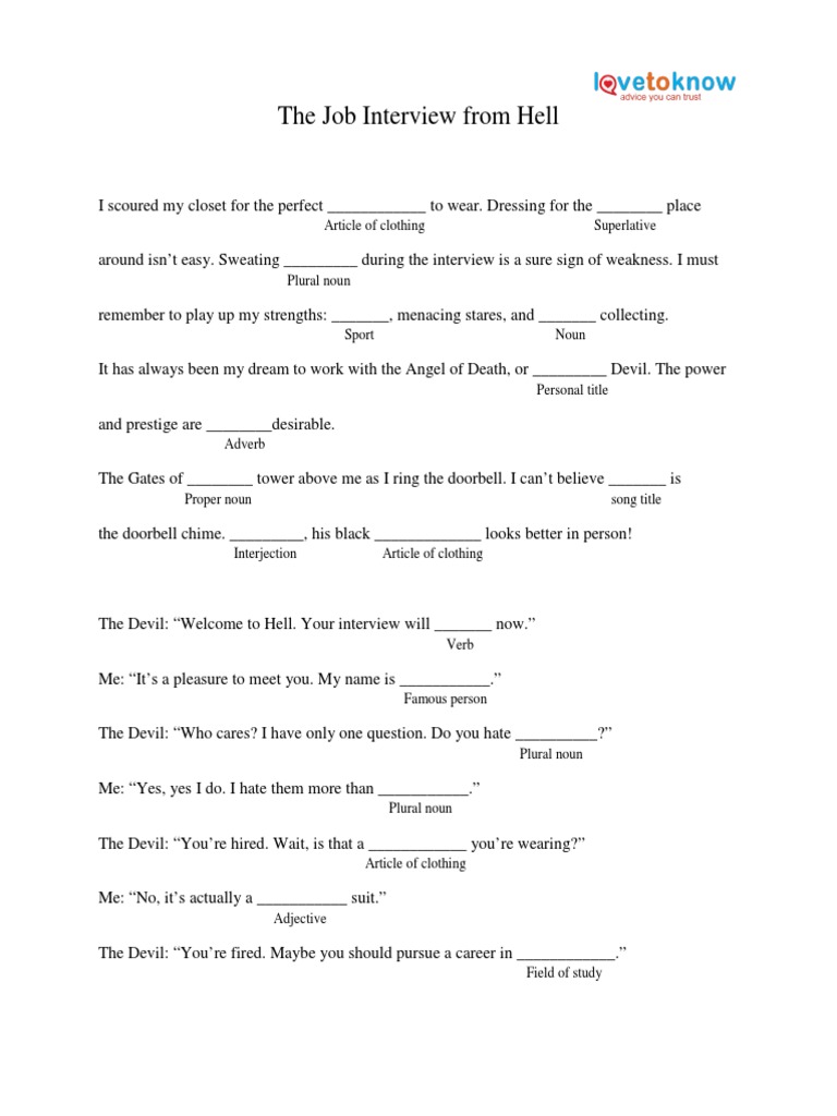 3125 Job Interview From Hell Madlib | PDF