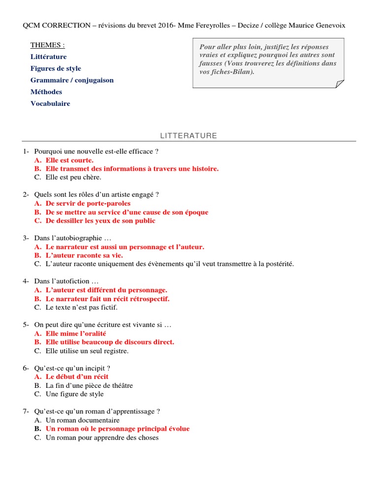 QCM Revisions Aorrection Mme Fereyrolles | PDF | Language Arts ...