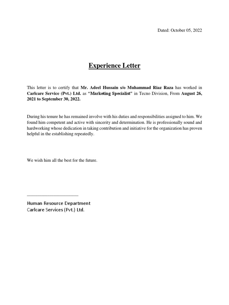 Experience Letter PDF