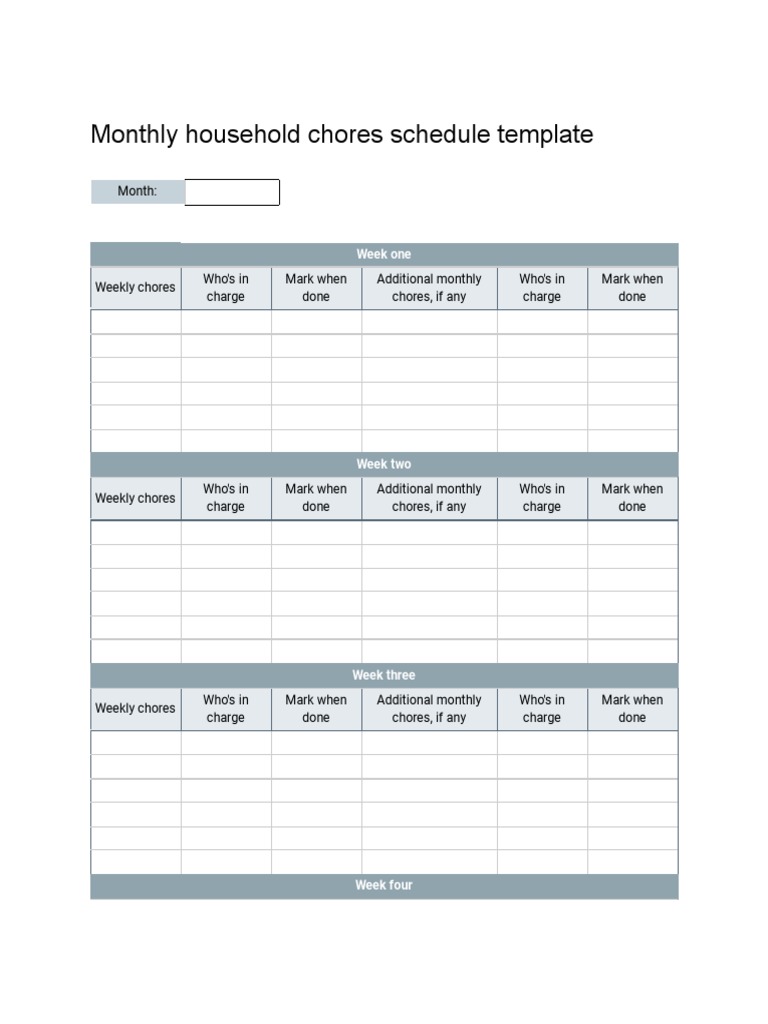 Monthly household chores schedule template pdf