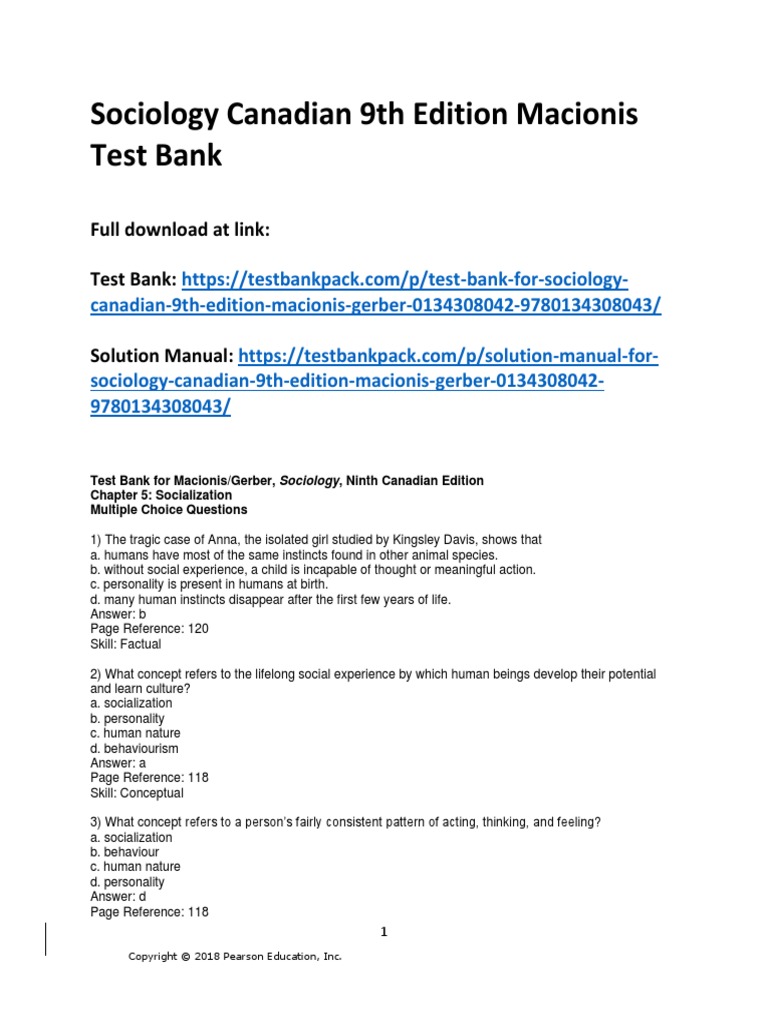 Sociology Canadian 9th Edition Macionis Test Bank 1 | PDF ...