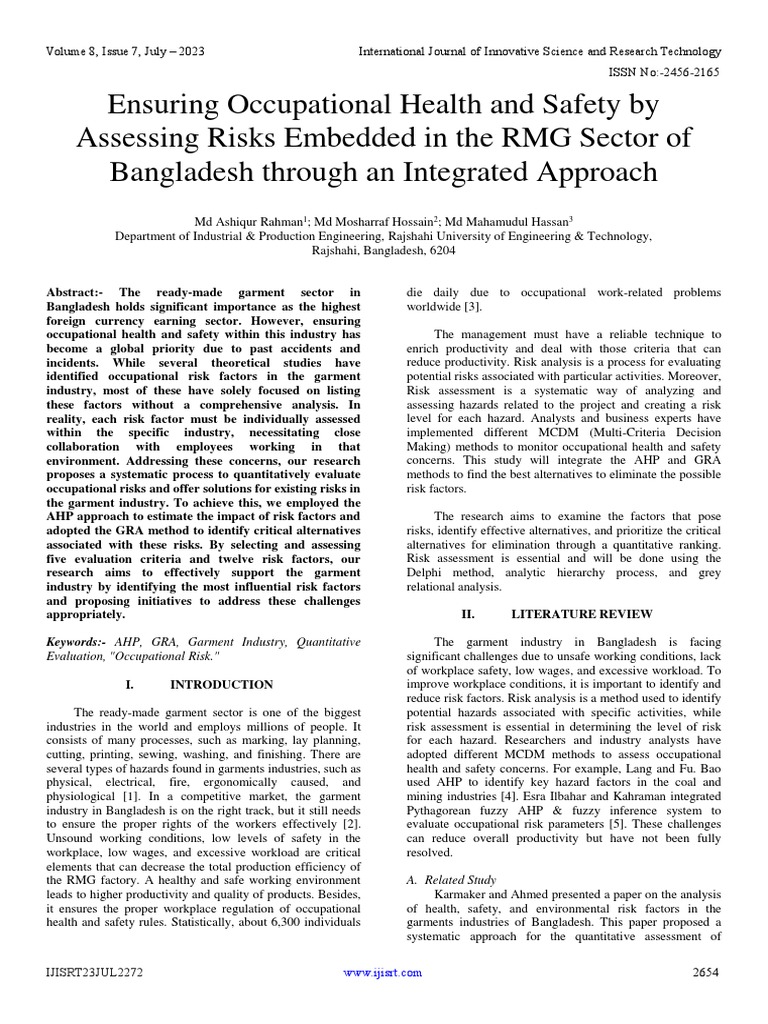 Ensuring Occupational Health and Safety by Assessing Risks Embedded in ...