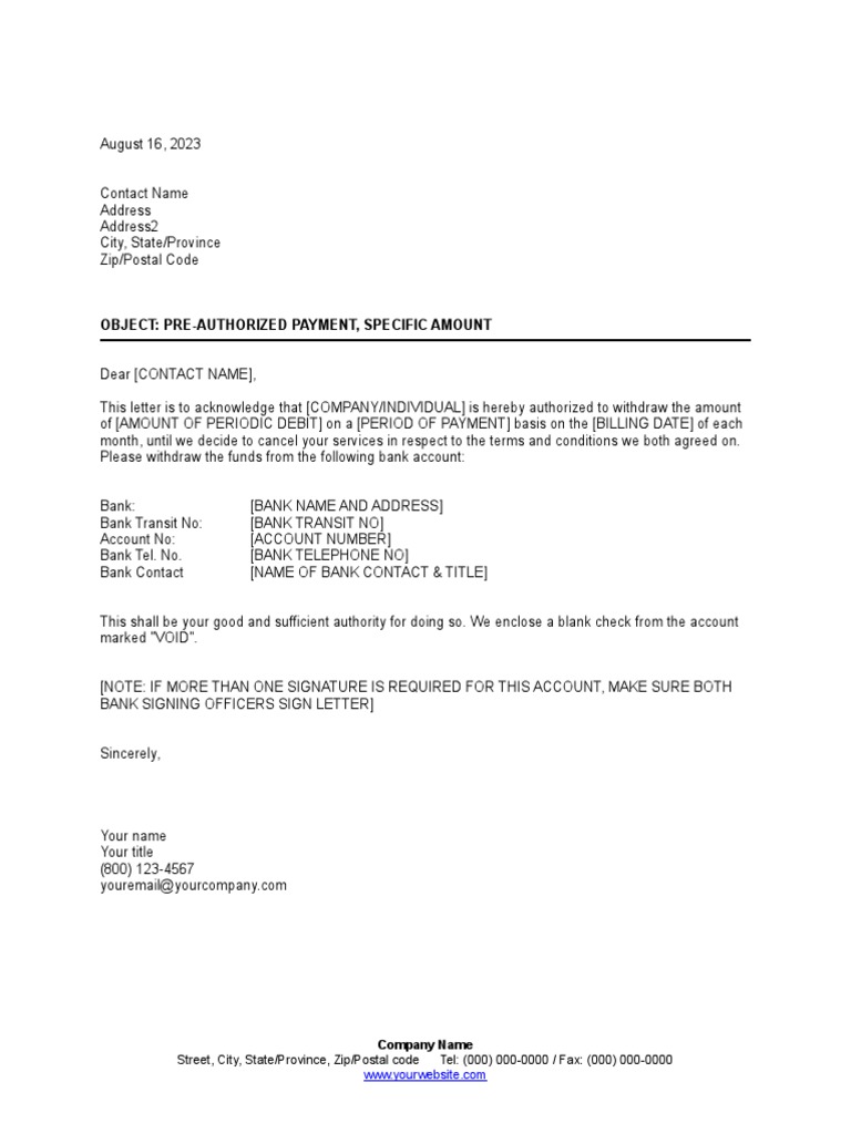 PreAuthorized Payment Specific Amount PDF
