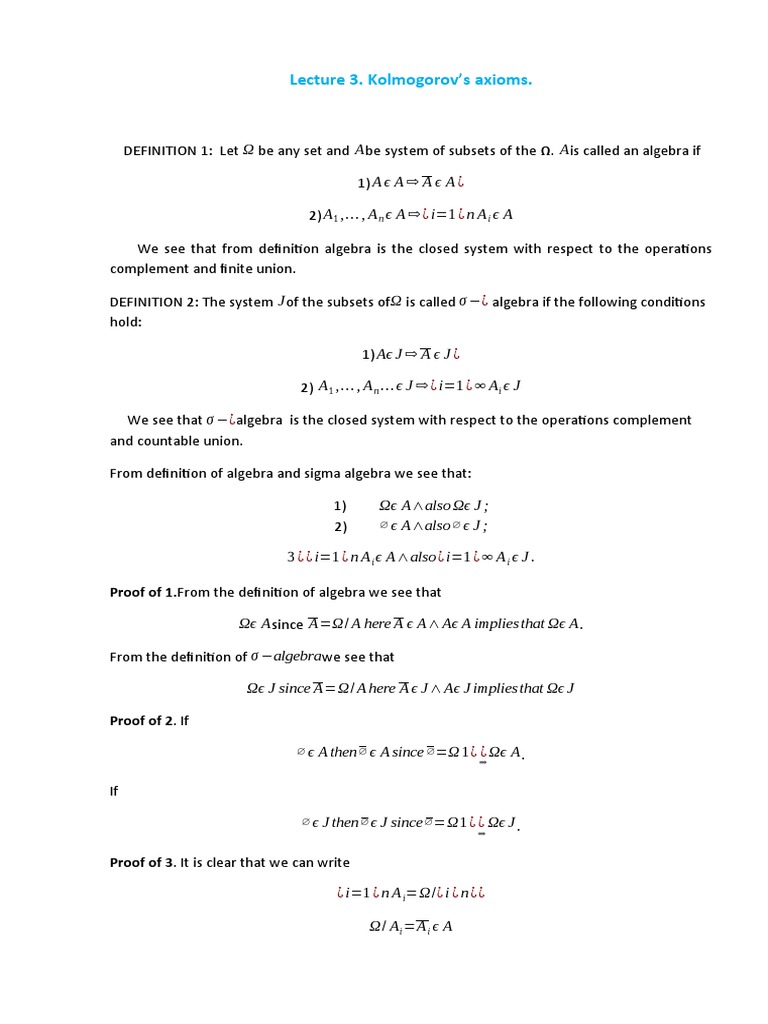 Lecture 3. Kolmogorov's Axioms | PDF | Stochastic Process | Measure ...