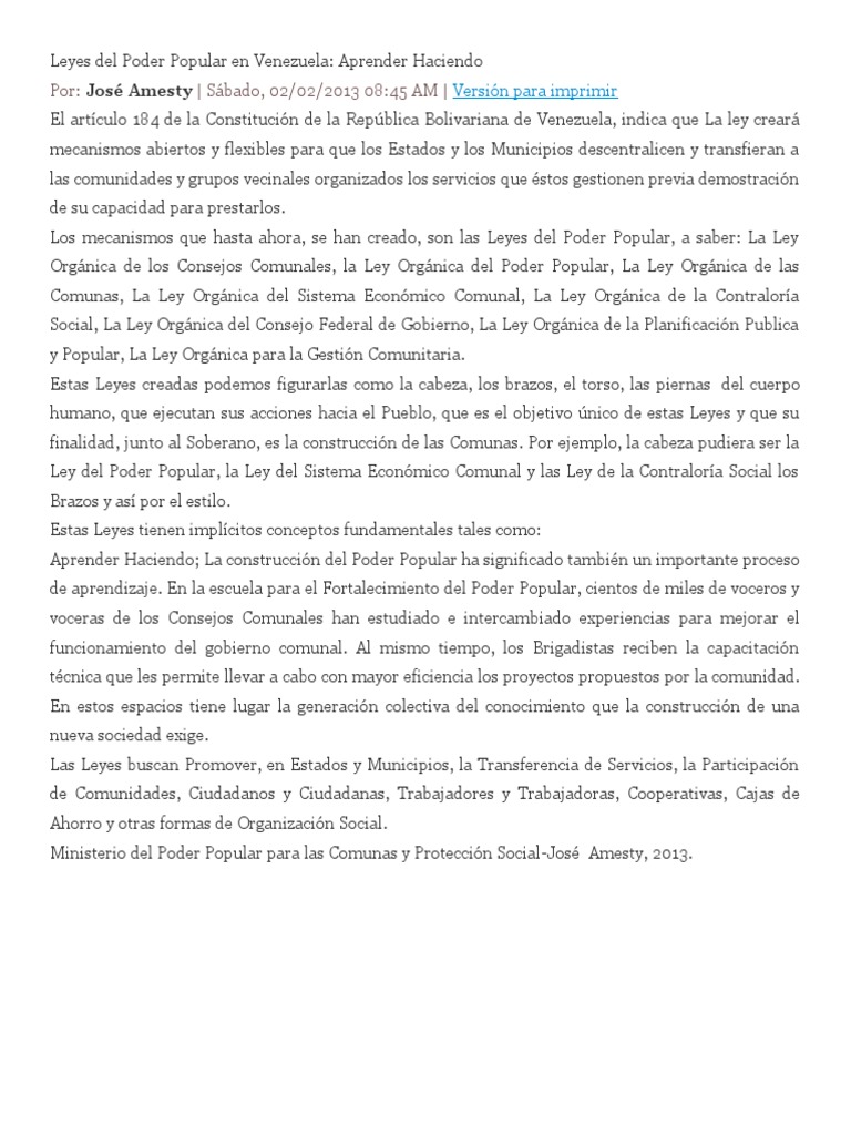 Leyes Del Poder Popular en Venezuela | PDF | Presupuesto | Venezuela