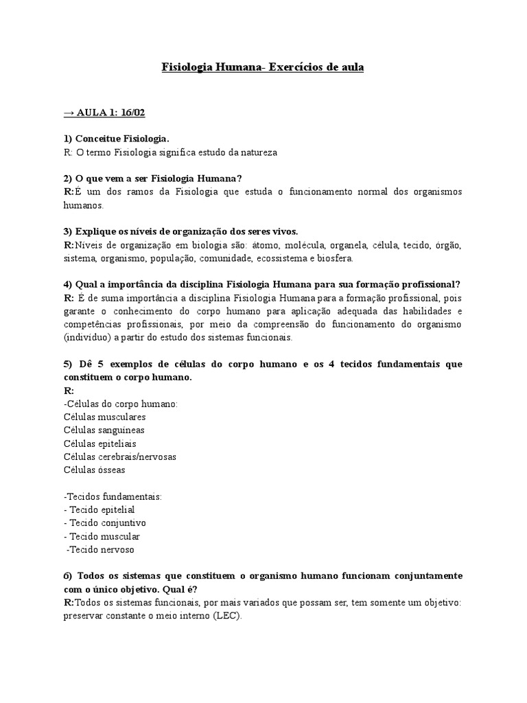 Exercícios de Fisiologia Humana | PDF | Autoajuda | Bem-estar