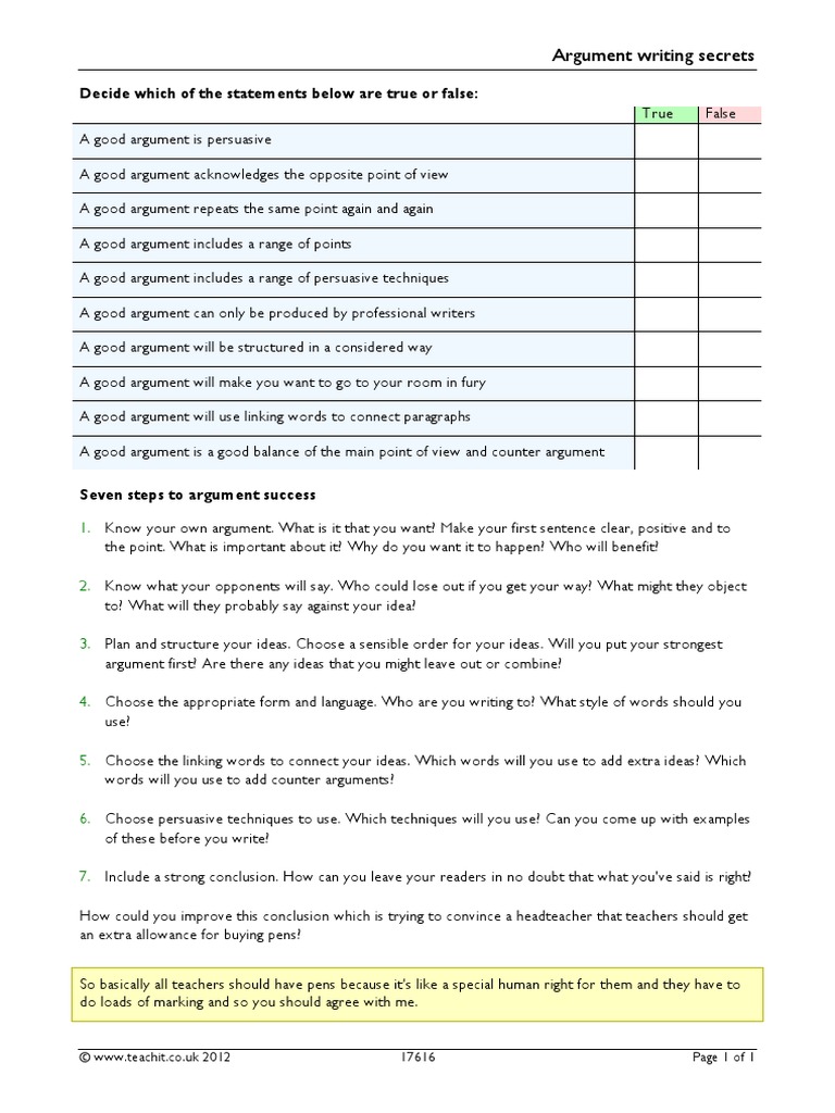 Argument Writing Secrets: Decide Which of The Statements Below Are True ...