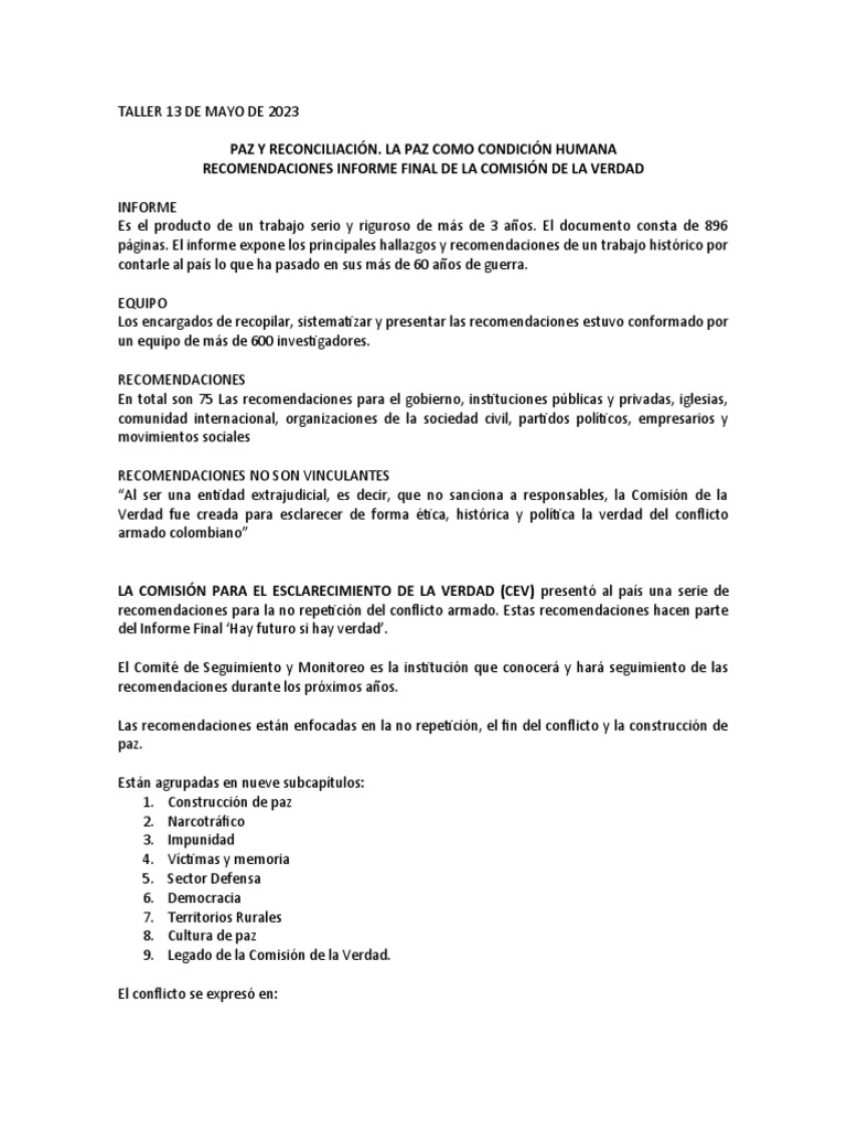 Informe CEV: Recomendaciones de Paz | PDF