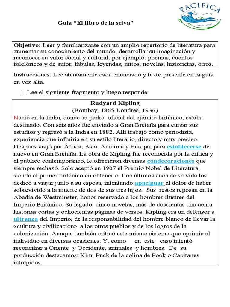 Guía de lectura: El libro de la selva | PDF | Rudyard Kipling | El ...