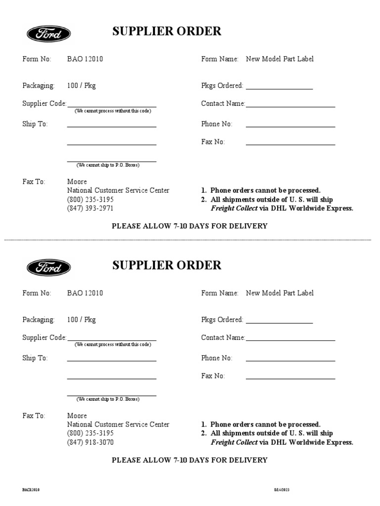 New Model Part Label Order Form | PDF