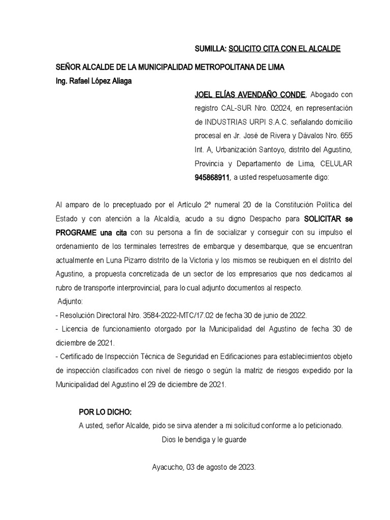 Solicito Cita Al Alcalde de Lima | PDF