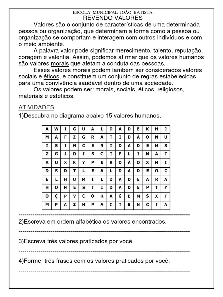 Atividades sobre Valores Humanos no Ensino Religioso | PDF | Carreira e ...