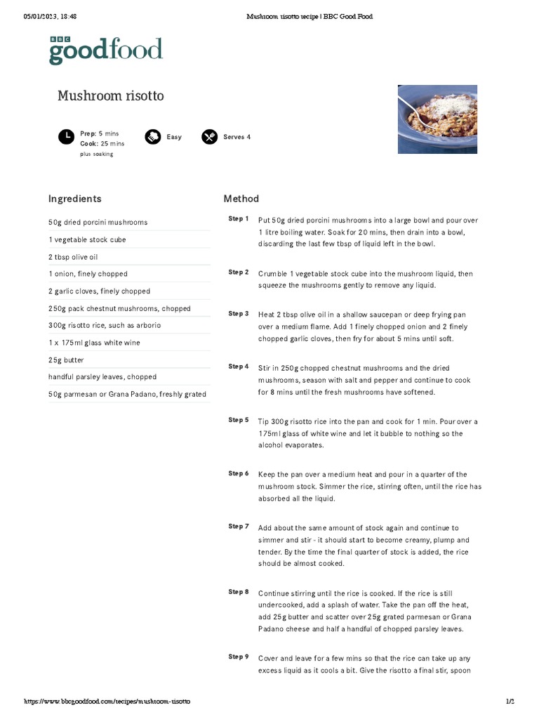 Mushroom Risotto Recipe - BBC Good Food | PDF