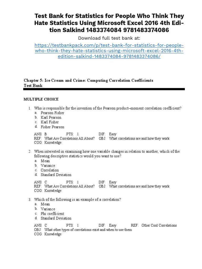 Test Bank: Correlation Coefficients | PDF | Coefficient Of ...