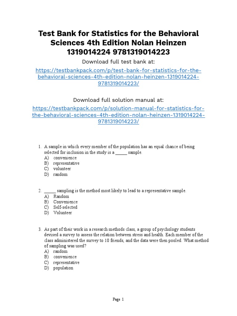 Statistics For The Behavioral Sciences 4th Edition Nolan Test Bank 1 | PDF