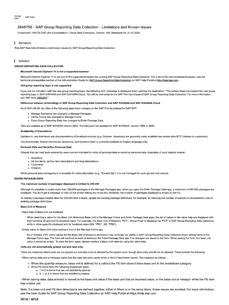 SAP GR DC - Liitations and Know Issues | PDF